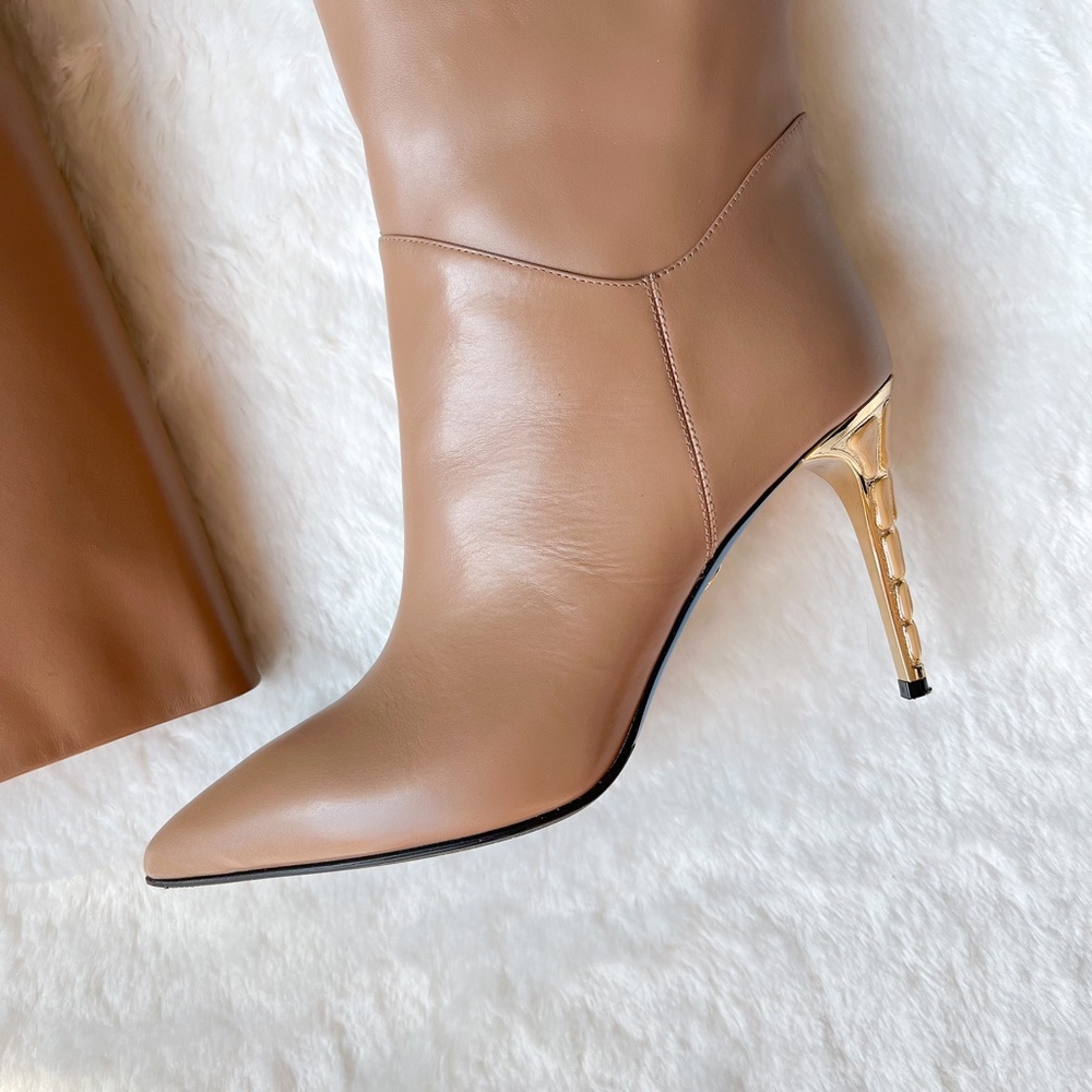 $725 Loriblu Made In Italy Camel Taupe Knee High Boots High Heel Pointy Toe 40IT - Picture 6 of 15
